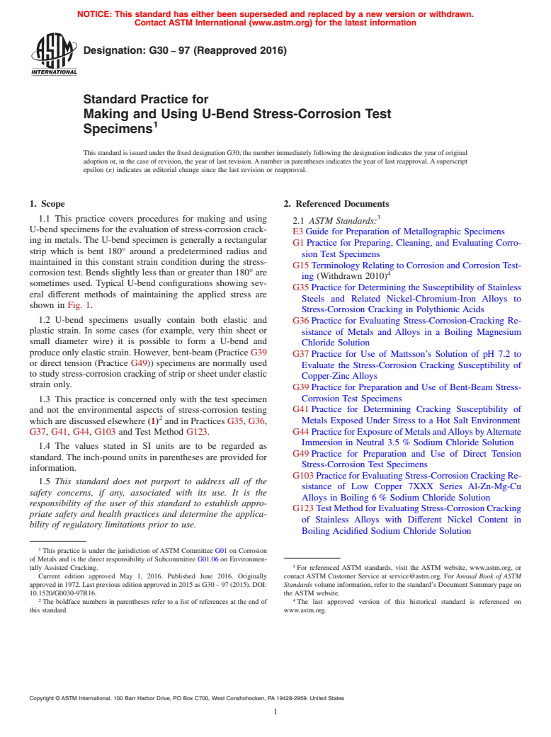 ASTM G30-97(2016) - Standard Practice for  Making and Using U-Bend Stress-Corrosion Test Specimens