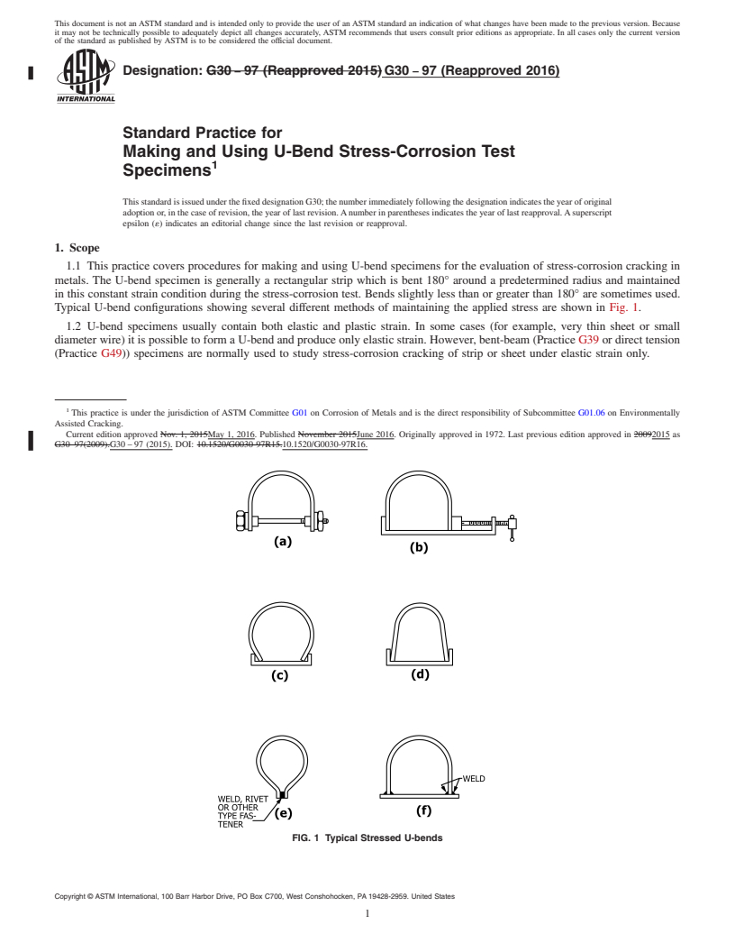 REDLINE ASTM G30-97(2016) - Standard Practice for  Making and Using U-Bend Stress-Corrosion Test Specimens