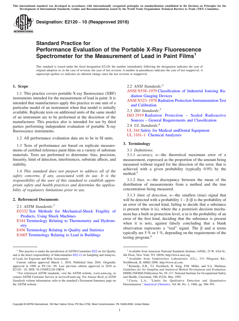 ASTM E2120-10(2016) - Standard Practice for Performance Evaluation of the Portable X-Ray Fluorescence Spectrometer  for the Measurement of Lead in Paint Films