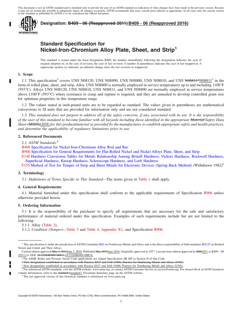 REDLINE ASTM B409-06(2016) - Standard Specification for Nickel-Iron-Chromium Alloy Plate, Sheet, and Strip