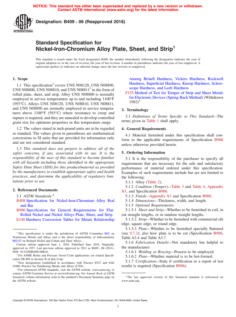 ASTM B409-06(2016) - Standard Specification for Nickel-Iron-Chromium Alloy Plate, Sheet, and Strip