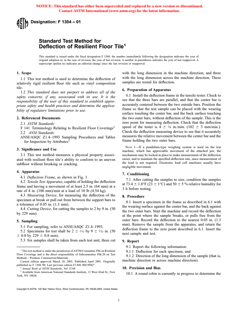 ASTM F1304-01 - Standard Test Method for Deflection of Resilient Floor Tile