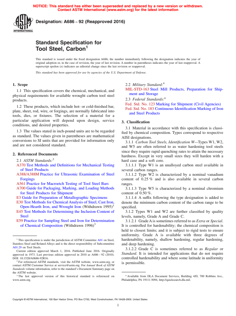 ASTM A686-92(2016) - Standard Specification for Tool Steel, Carbon