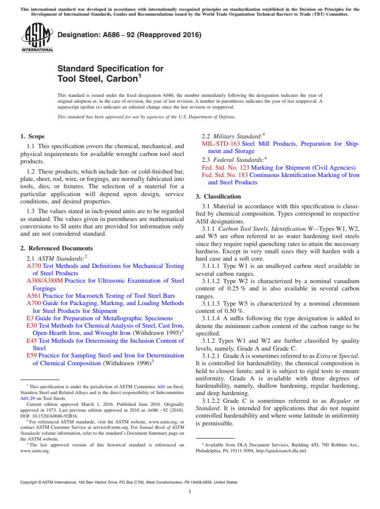 ASTM A686-92(2016) - Standard Specification for Tool Steel, Carbon