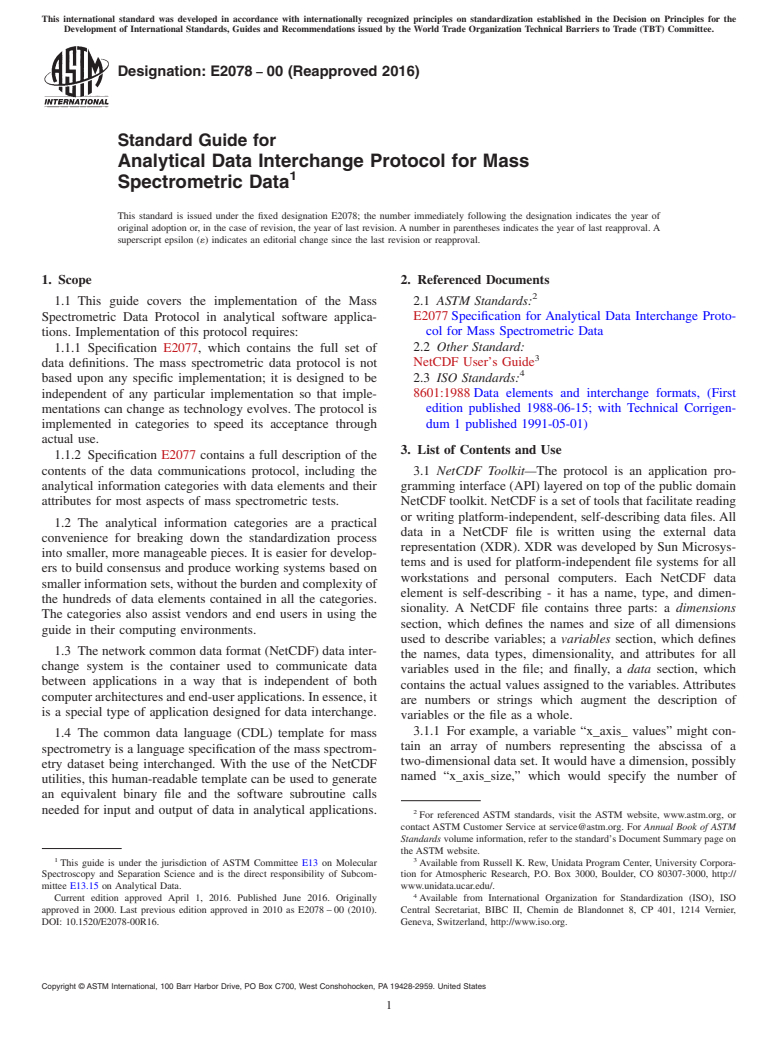 ASTM E2078-00(2016) - Standard Guide for Analytical Data Interchange Protocol for Mass Spectrometric  Data