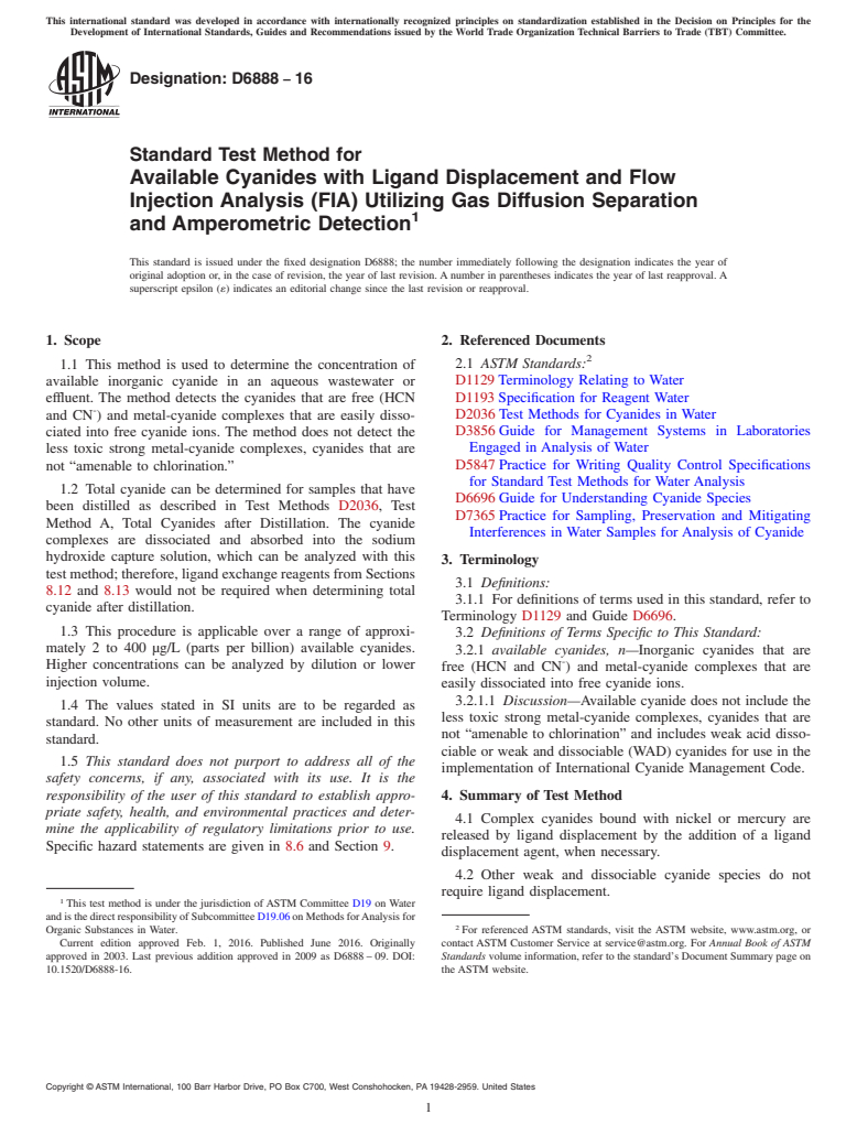 ASTM D6888-16 - Standard Test Method for  Available Cyanides with Ligand Displacement and Flow Injection  Analysis (FIA) Utilizing Gas Diffusion Separation and Amperometric  Detection