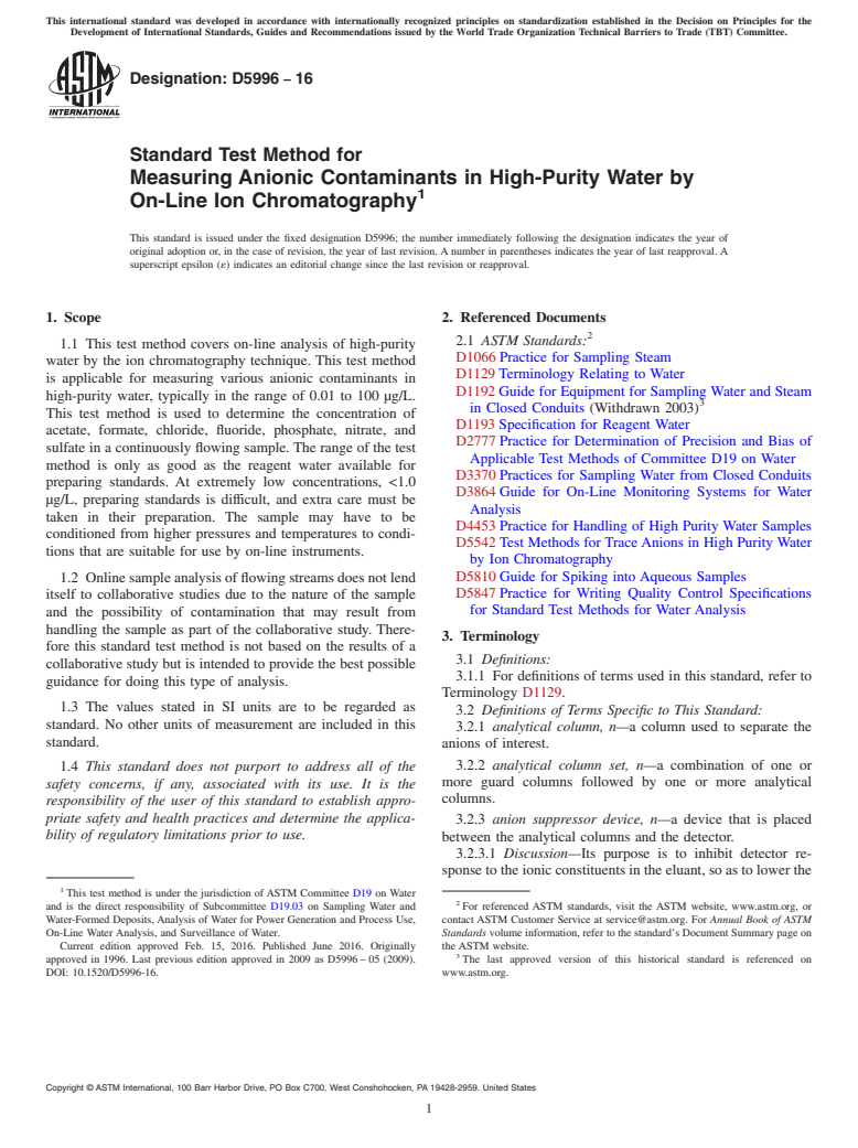 ASTM D5996-16 - Standard Test Method for  Measuring Anionic Contaminants in High-Purity Water by On-Line   Ion Chromatography