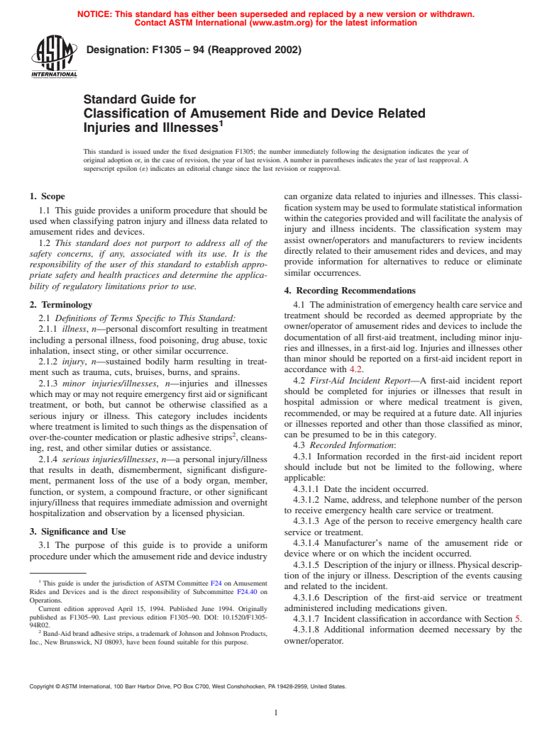 ASTM F1305-94(2002) - Standard Guide for Classification of Amusement Ride and Device Related Injuries and Illnesses (Withdrawn 2011)