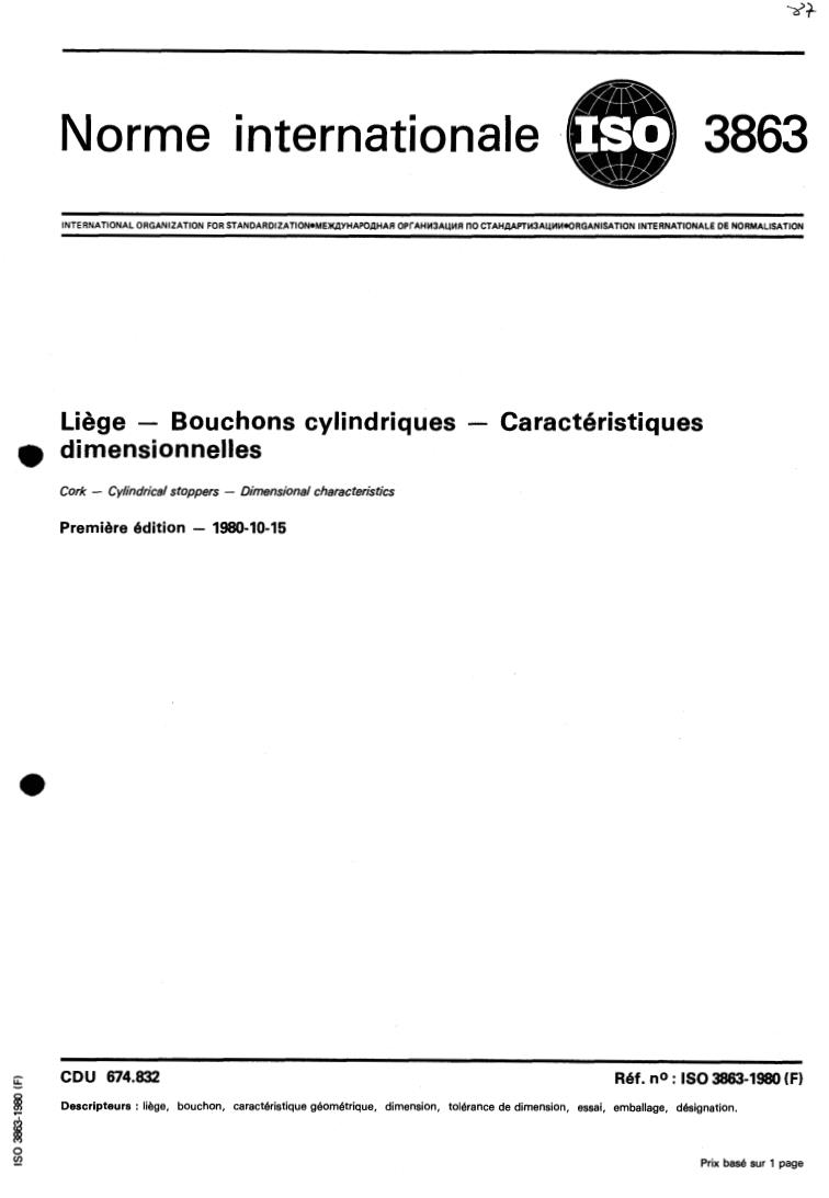 ISO 3863:1980 ISO 3863:1980 - Cork — Cylindrical stoppers — Dimensional characteristics
Released:10/1/1980 - Page 1 preview