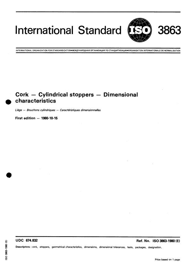 ISO 3863:1980 ISO 3863:1980 - Cork -- Cylindrical stoppers -- Dimensional characteristics - Page 1 preview
