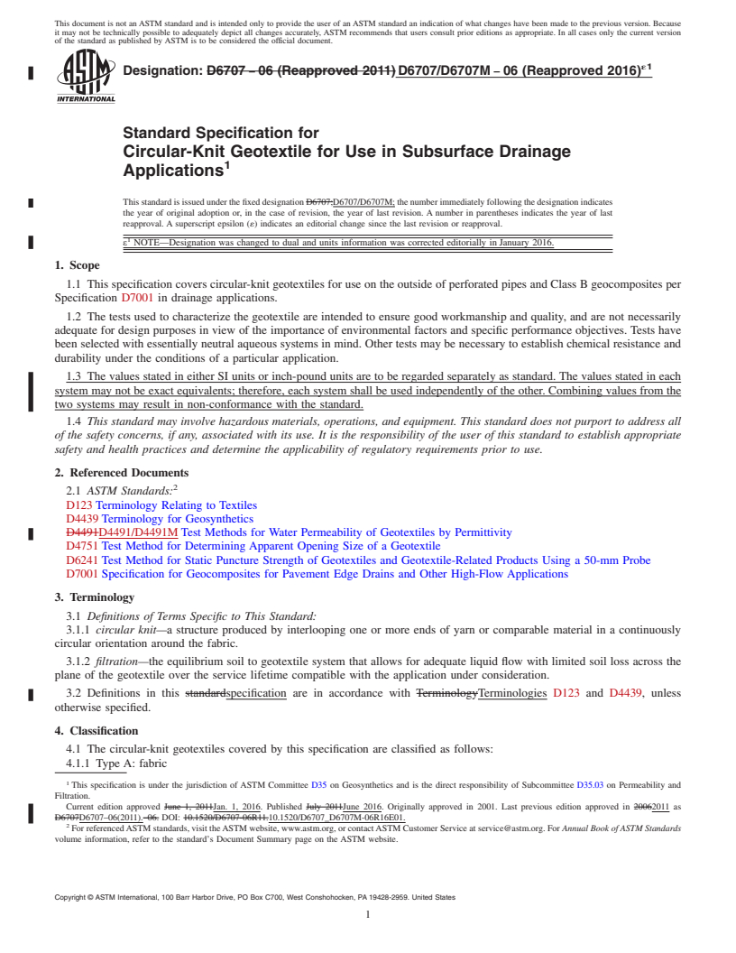 REDLINE ASTM D6707/D6707M-06(2016)e1 - Standard Specification for Circular-Knit Geotextile for Use in Subsurface Drainage Applications