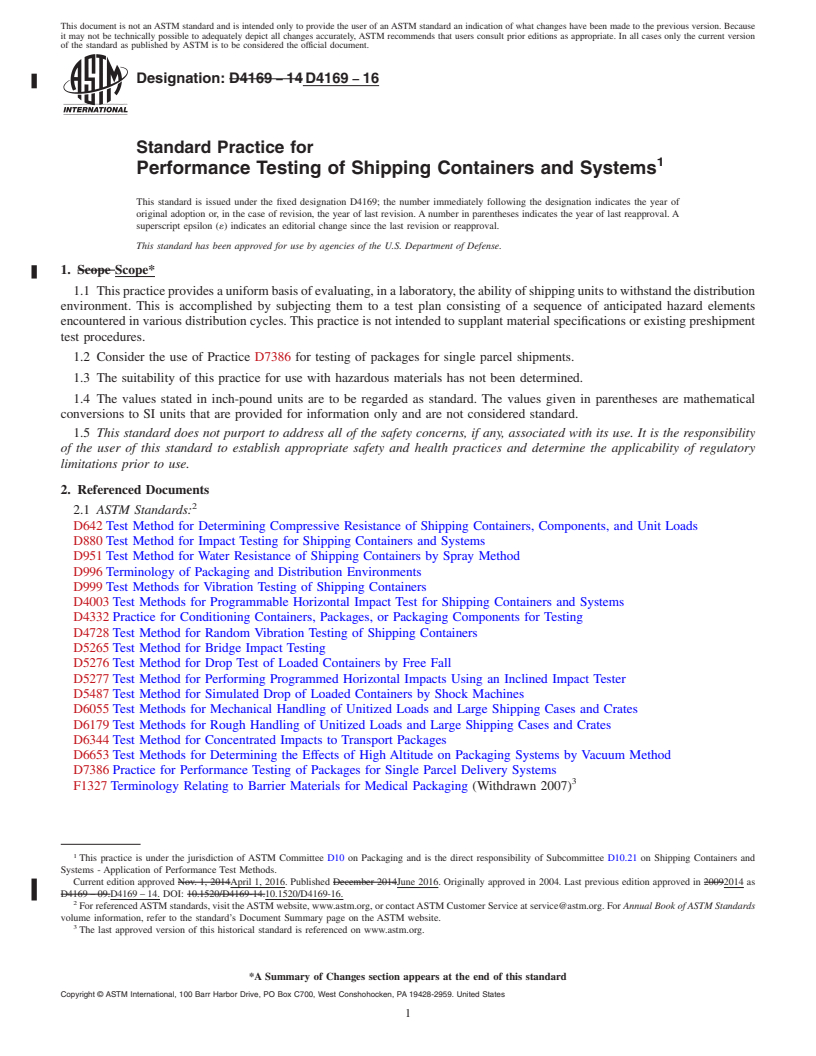 REDLINE ASTM D4169-16 - Standard Practice for Performance Testing of Shipping Containers and Systems