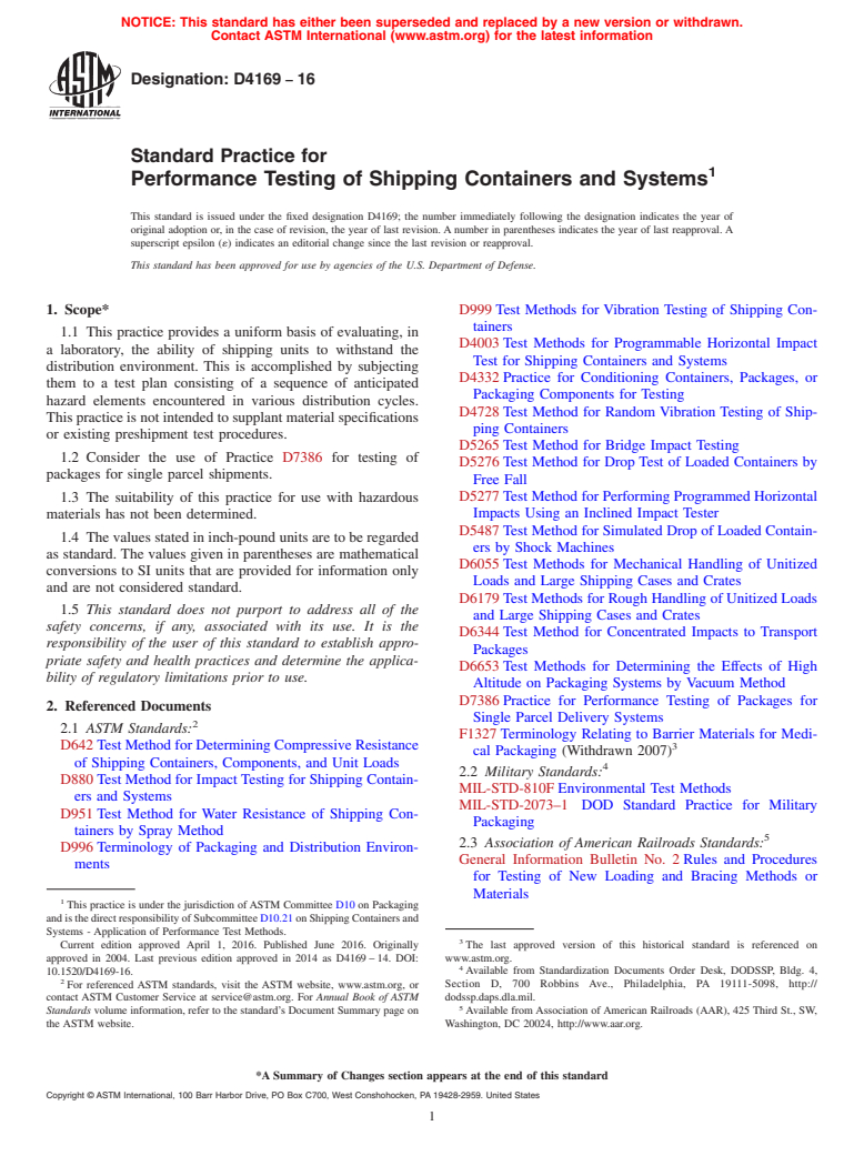 ASTM D4169-16 - Standard Practice for Performance Testing of Shipping Containers and Systems