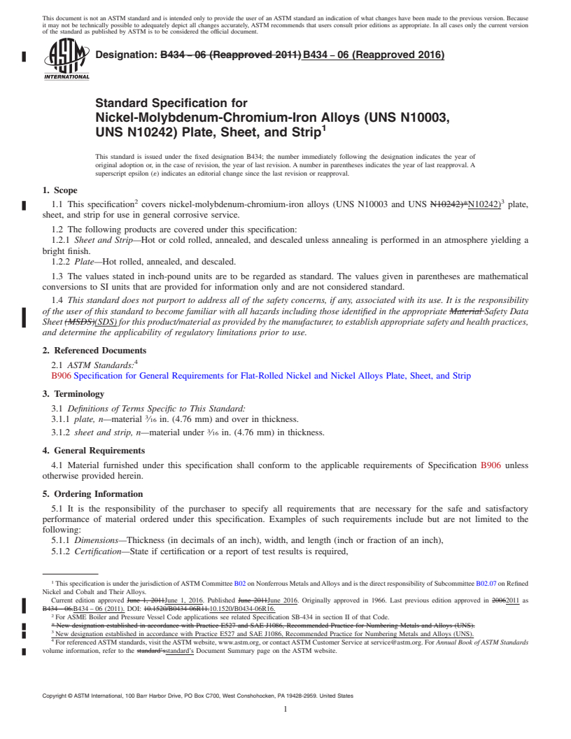 REDLINE ASTM B434-06(2016) - Standard Specification for  Nickel-Molybdenum-Chromium-Iron Alloys (UNS N10003, UNS N10242)  Plate,   Sheet, and Strip