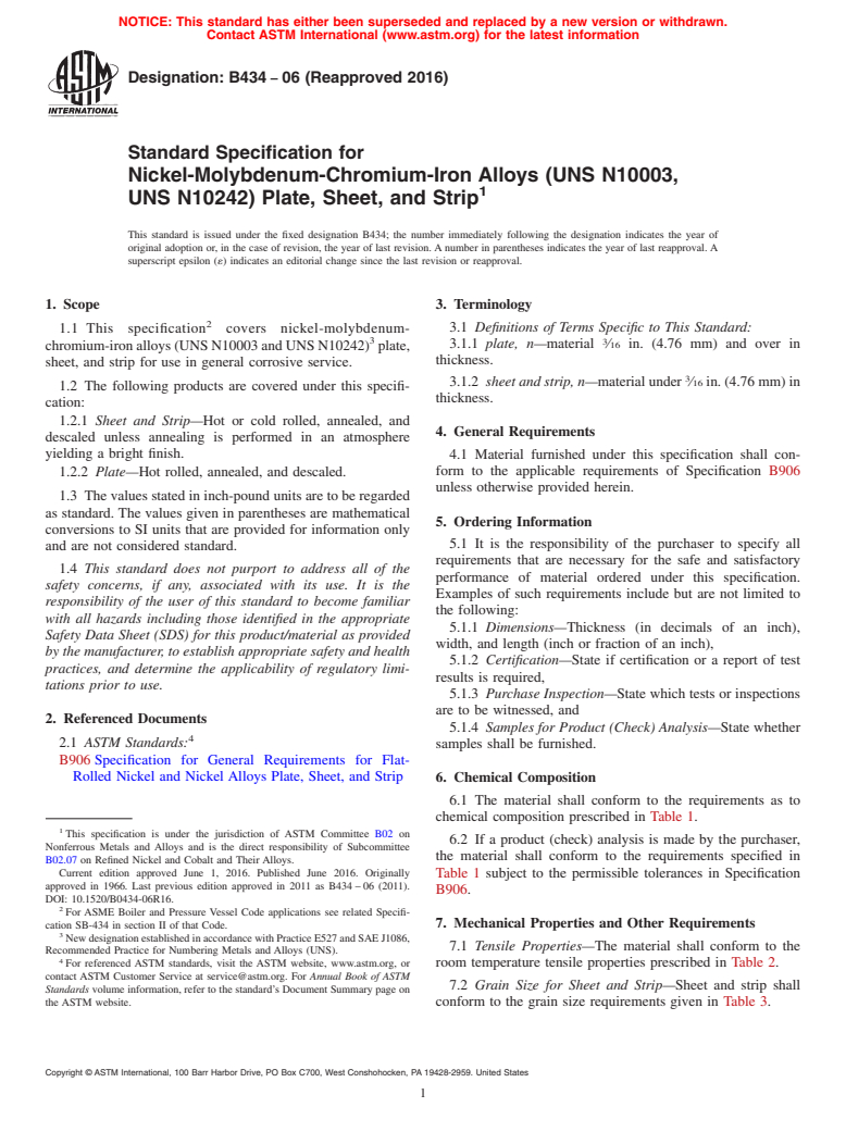 ASTM B434-06(2016) - Standard Specification for  Nickel-Molybdenum-Chromium-Iron Alloys (UNS N10003, UNS N10242)  Plate,   Sheet, and Strip