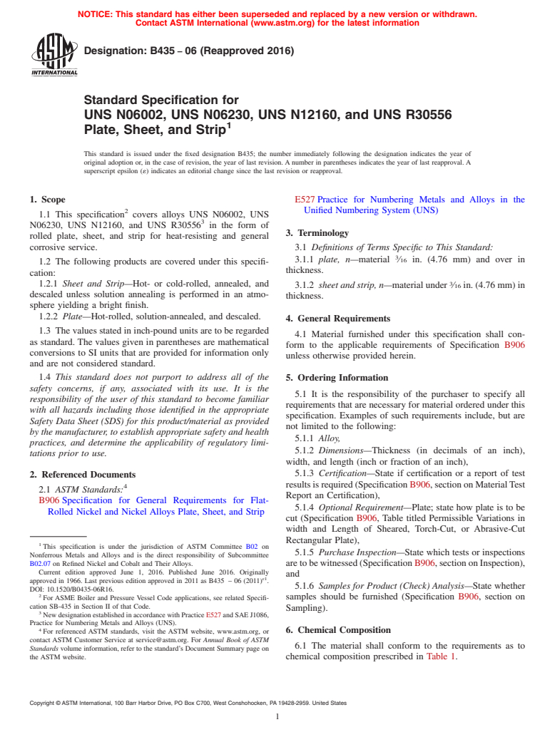 ASTM B435-06(2016) - Standard Specification for UNS N06002, UNS N06230, UNS N12160, and UNS R30556 Plate, Sheet,  and  Strip