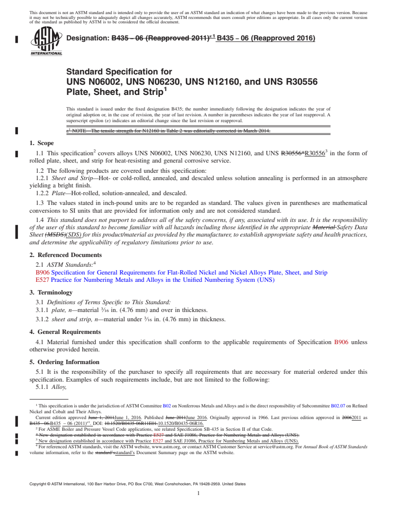 REDLINE ASTM B435-06(2016) - Standard Specification for UNS N06002, UNS N06230, UNS N12160, and UNS R30556 Plate, Sheet,  and  Strip