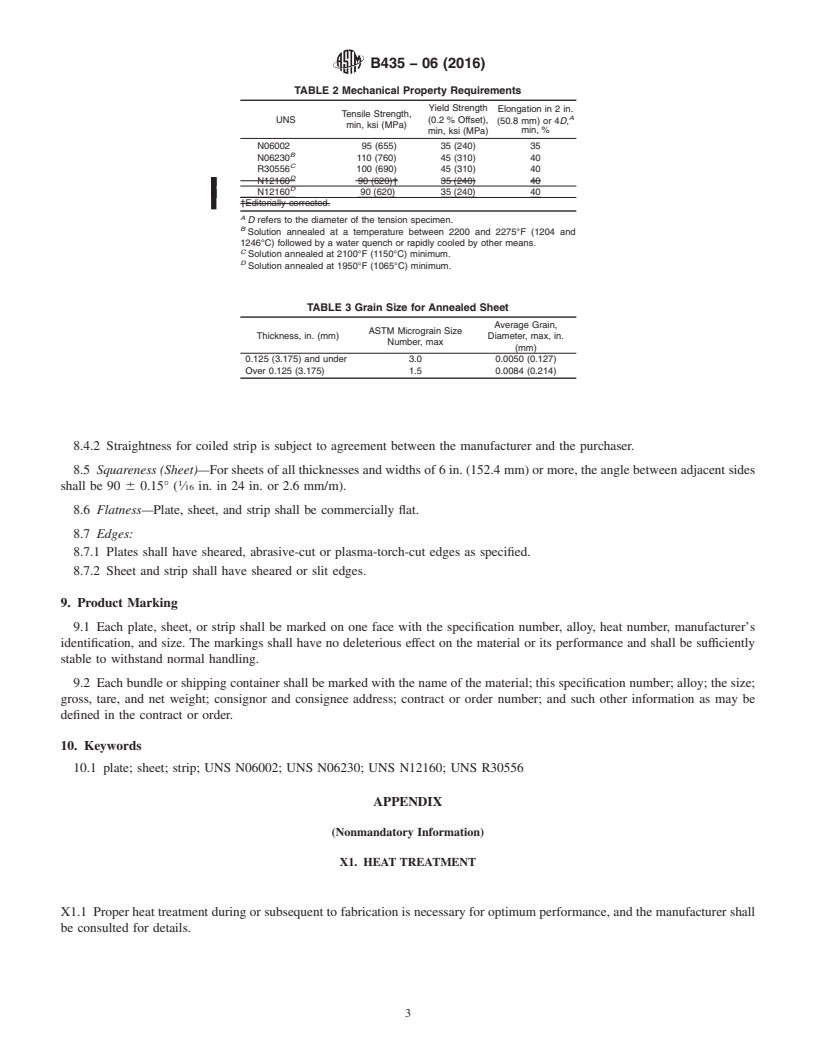 REDLINE ASTM B435-06(2016) - Standard Specification for UNS N06002, UNS N06230, UNS N12160, and UNS R30556 Plate, Sheet,  and  Strip