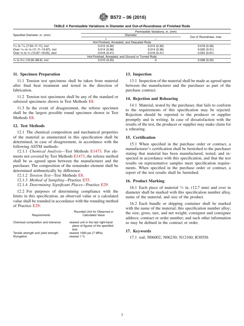 ASTM B572-06(2016) - Standard Specification for UNS N06002, UNS N06230, UNS N12160, and UNS R30556 Rod