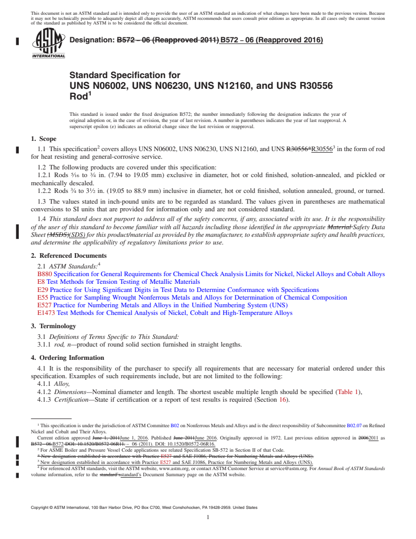 REDLINE ASTM B572-06(2016) - Standard Specification for UNS N06002, UNS N06230, UNS N12160, and UNS R30556 Rod