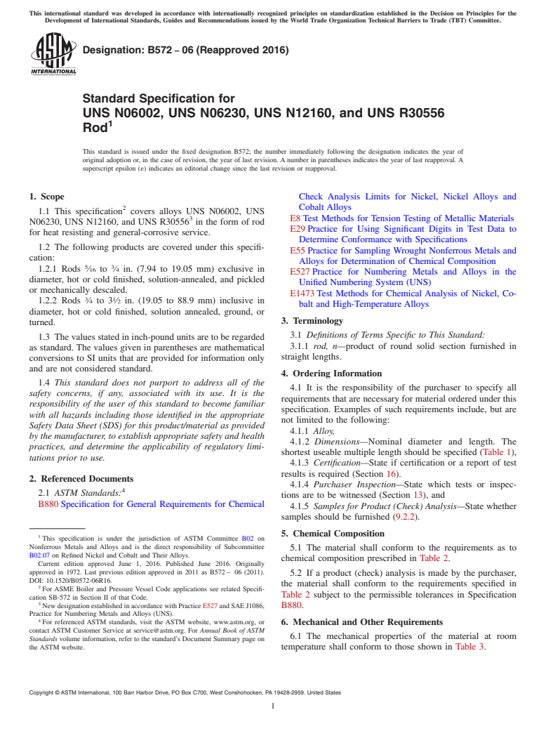 ASTM B572-06(2016) - Standard Specification for UNS N06002, UNS N06230, UNS N12160, and UNS R30556 Rod