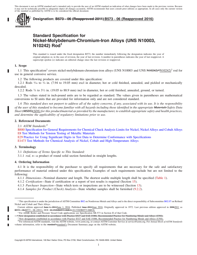 REDLINE ASTM B573-06(2016) - Standard Specification for Nickel-Molybdenum-Chromium-Iron Alloys (UNS N10003, N10242)  Rod