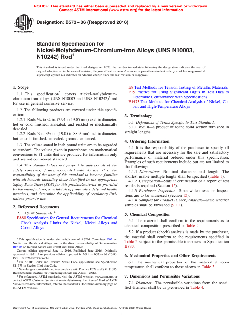 ASTM B573-06(2016) - Standard Specification for Nickel-Molybdenum-Chromium-Iron Alloys (UNS N10003, N10242)  Rod