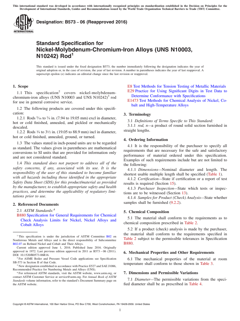 ASTM B573-06(2016) - Standard Specification for Nickel-Molybdenum-Chromium-Iron Alloys (UNS N10003, N10242)  Rod