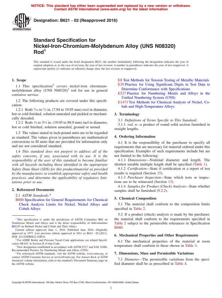 ASTM B621-02(2016) - Standard Specification for Nickel-Iron-Chromium-Molybdenum Alloy (UNS N08320) Rod