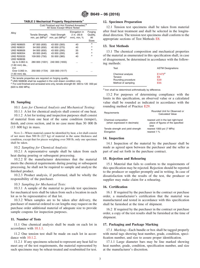 ASTM B649-06(2016) - Standard Specification for Ni-Fe-Cr-Mo-Cu-N Low-Carbon Alloys (UNS N08925,<brk/> UNS N08031,  UNS    N08354, and UNS N08926), and <brk/>Cr-Ni-Fe-N Low-Carbon Alloy  (UNS R20033)    Bar and Wire, and Ni-Cr-Fe-Mo-N Alloy (UNS N08936)  Wire