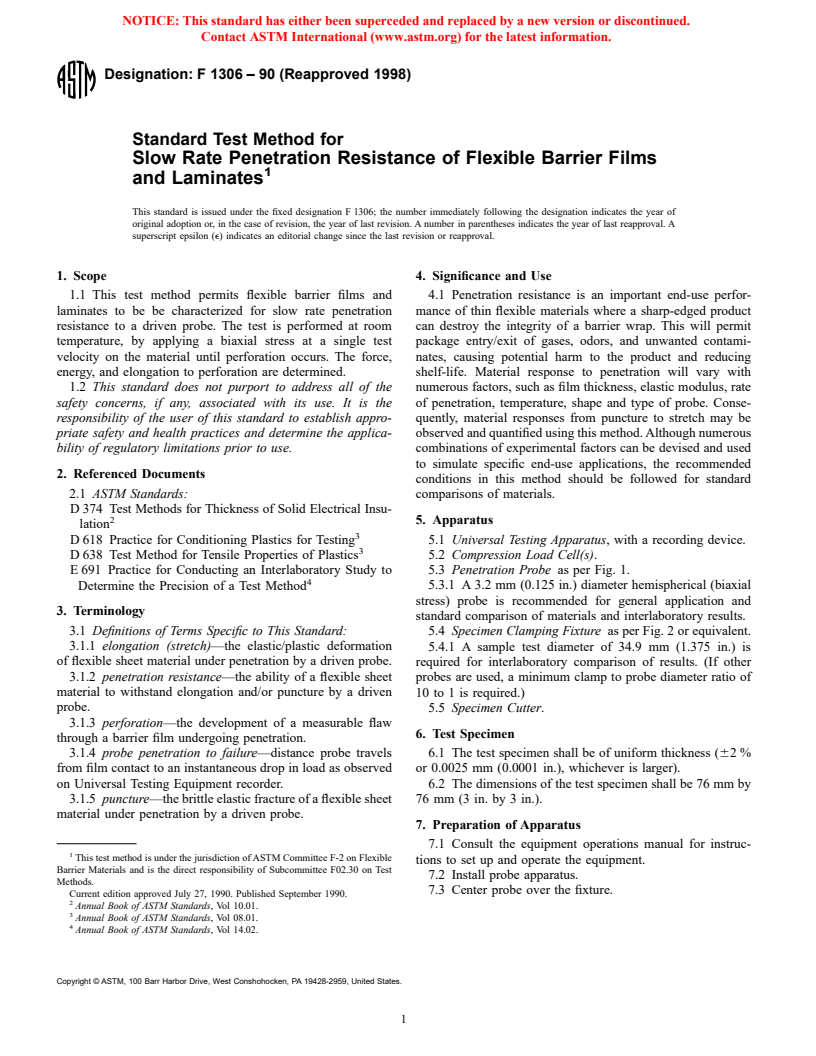 ASTM F1306-90(1998) - Standard Test Method for Slow Rate Penetration Resistance of Flexible Barrier Films and Laminates