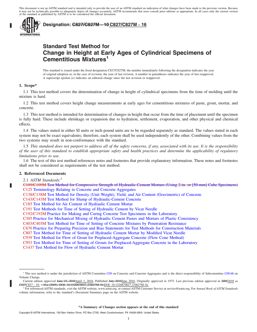 REDLINE ASTM C827/C827M-16 - Standard Test Method for  Change in Height at Early Ages of Cylindrical Specimens of  Cementitious Mixtures