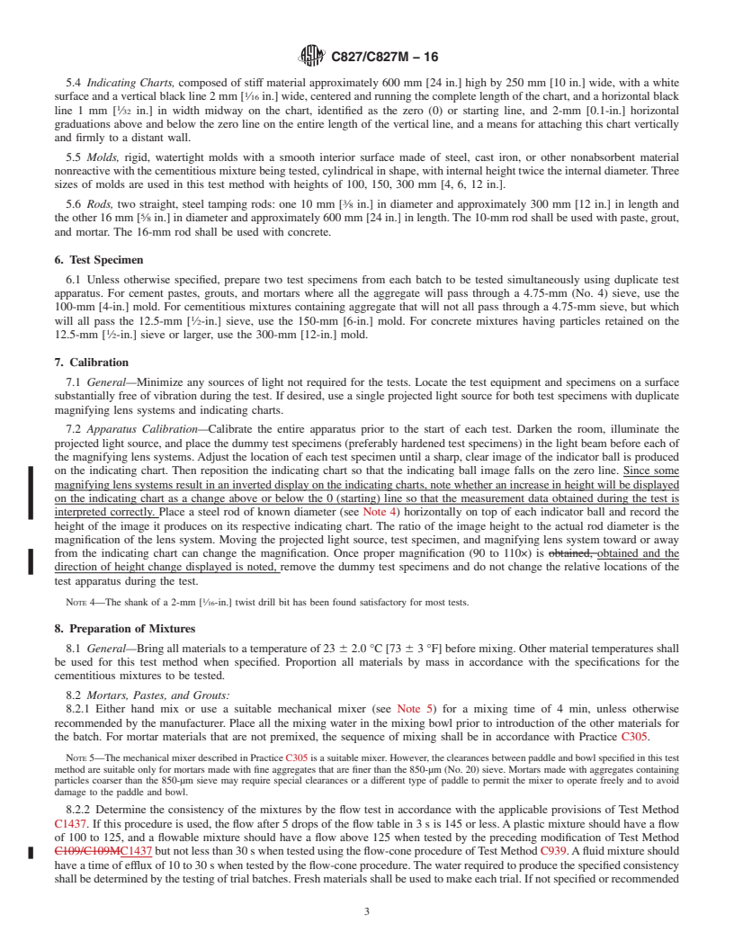 REDLINE ASTM C827/C827M-16 - Standard Test Method for  Change in Height at Early Ages of Cylindrical Specimens of  Cementitious Mixtures