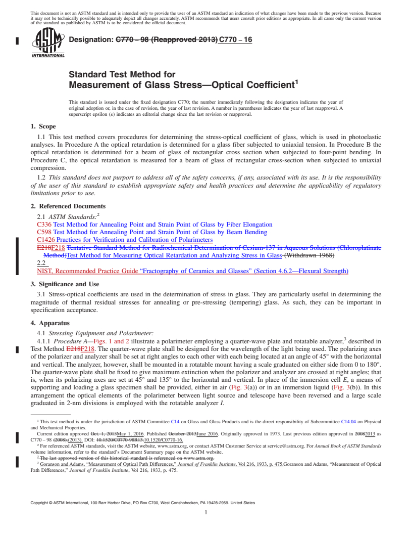 REDLINE ASTM C770-16 - Standard Test Method for  Measurement of Glass Stress&mdash;Optical Coefficient