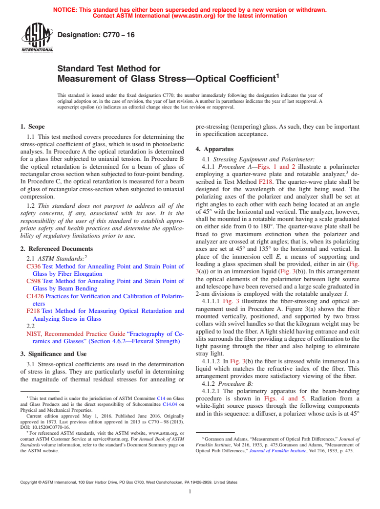 ASTM C770-16 - Standard Test Method for  Measurement of Glass Stress&mdash;Optical Coefficient