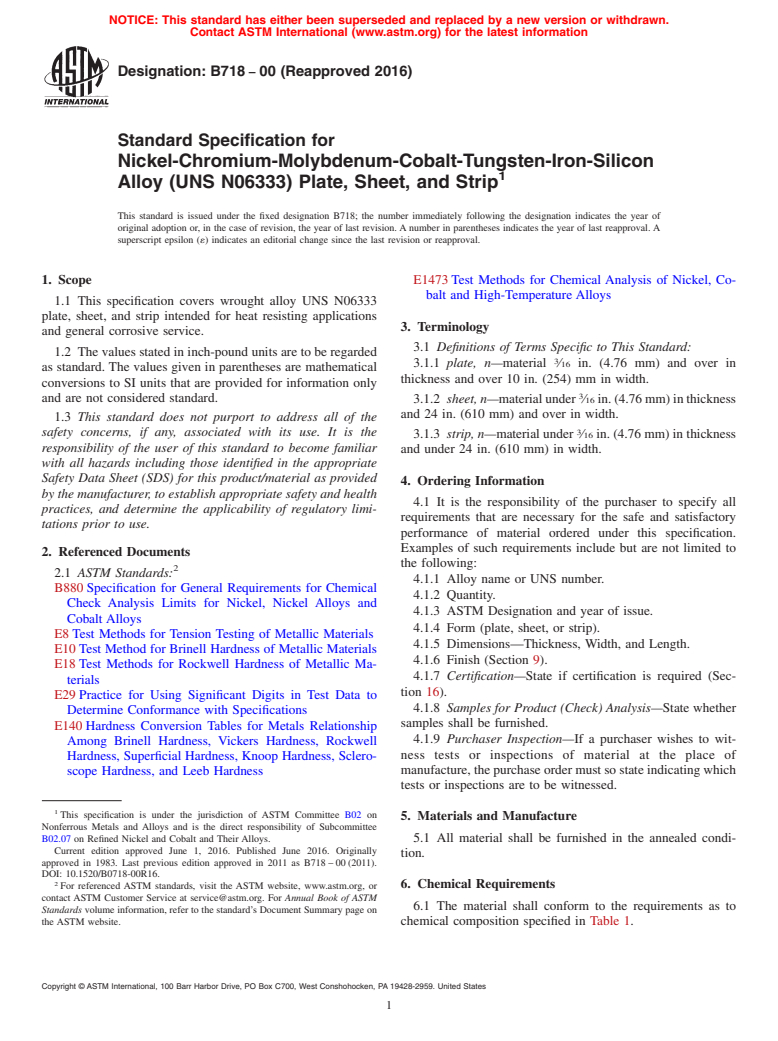 ASTM B718-00(2016) - Standard Specification for Nickel-Chromium-Molybdenum-Cobalt-Tungsten-Iron-Silicon Alloy  (UNS   N06333) Plate, Sheet, and Strip