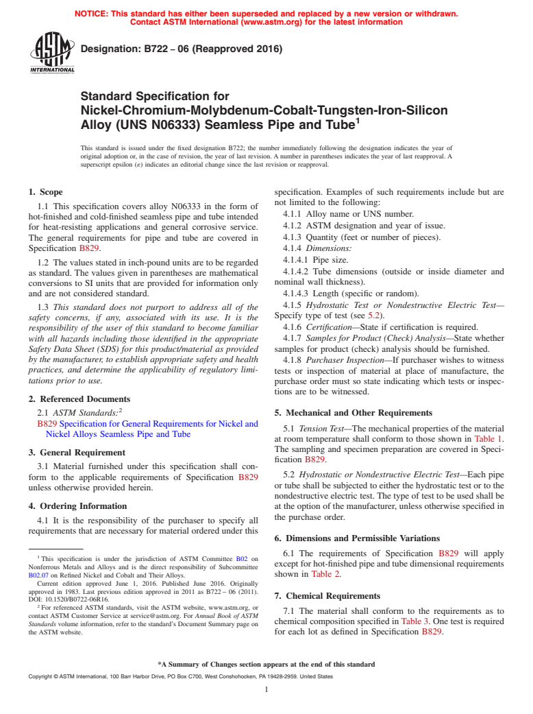 ASTM B722-06(2016) - Standard Specification for Nickel-Chromium-Molybdenum-Cobalt-Tungsten-Iron-Silicon Alloy  (UNS  N06333) Seamless Pipe and Tube (Withdrawn 2021)