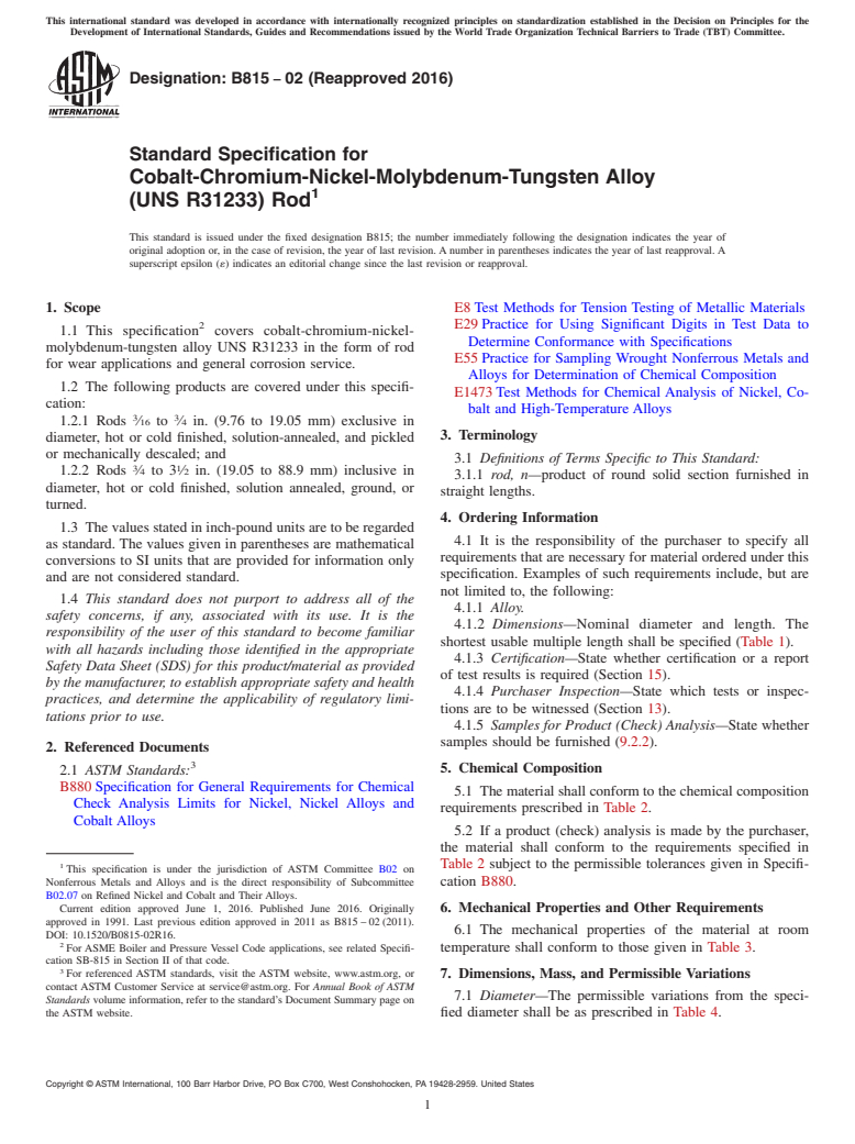 ASTM B815-02(2016) - Standard Specification for Cobalt-Chromium-Nickel-Molybdenum-Tungsten Alloy<brk/> (UNS  R31233)  Rod