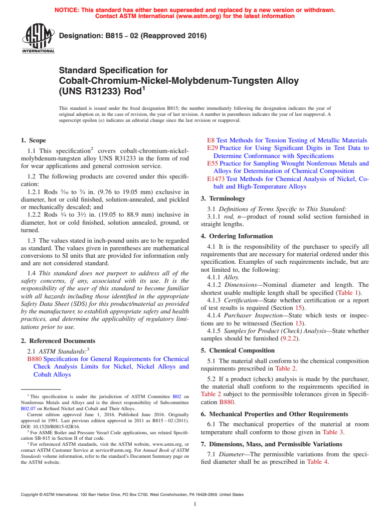 ASTM B815-02(2016) - Standard Specification for Cobalt-Chromium-Nickel-Molybdenum-Tungsten Alloy<brk/> (UNS  R31233)  Rod