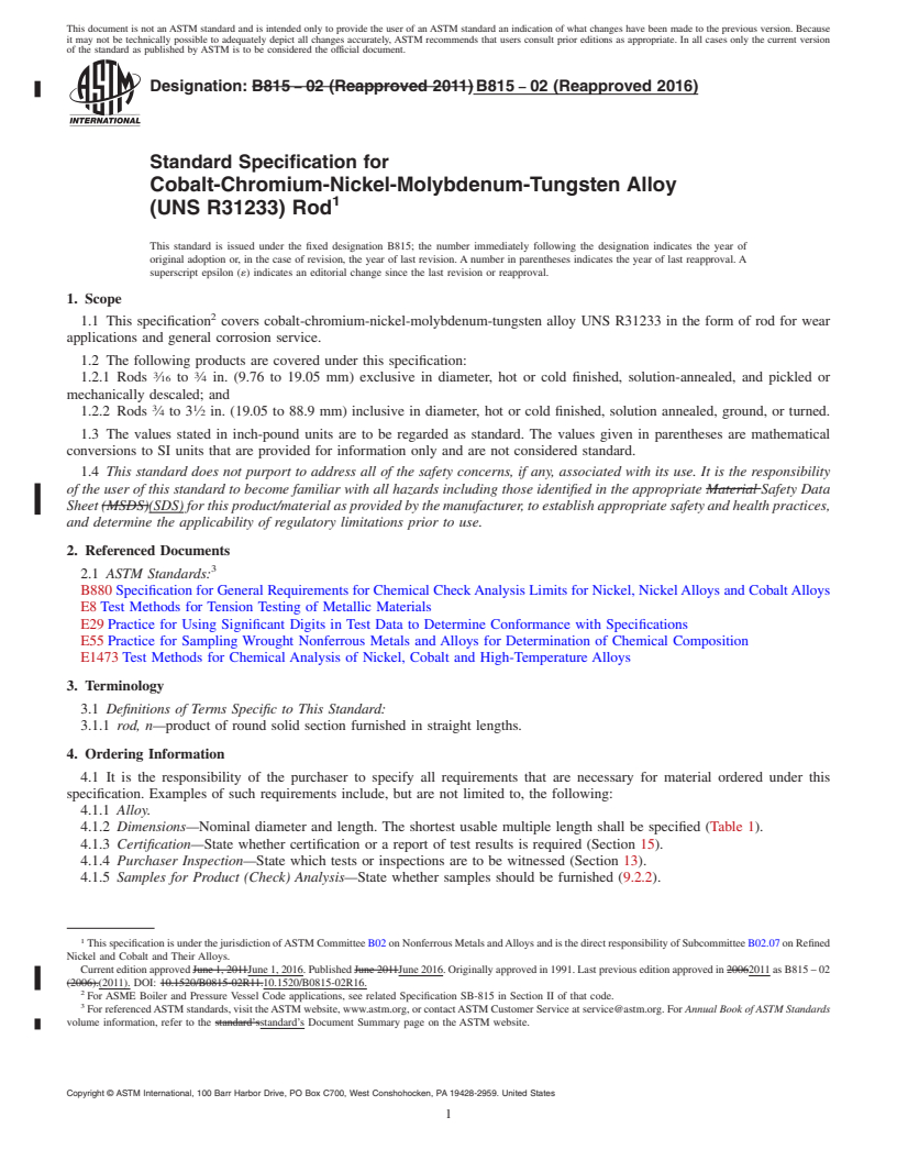 REDLINE ASTM B815-02(2016) - Standard Specification for Cobalt-Chromium-Nickel-Molybdenum-Tungsten Alloy<brk/> (UNS  R31233)  Rod