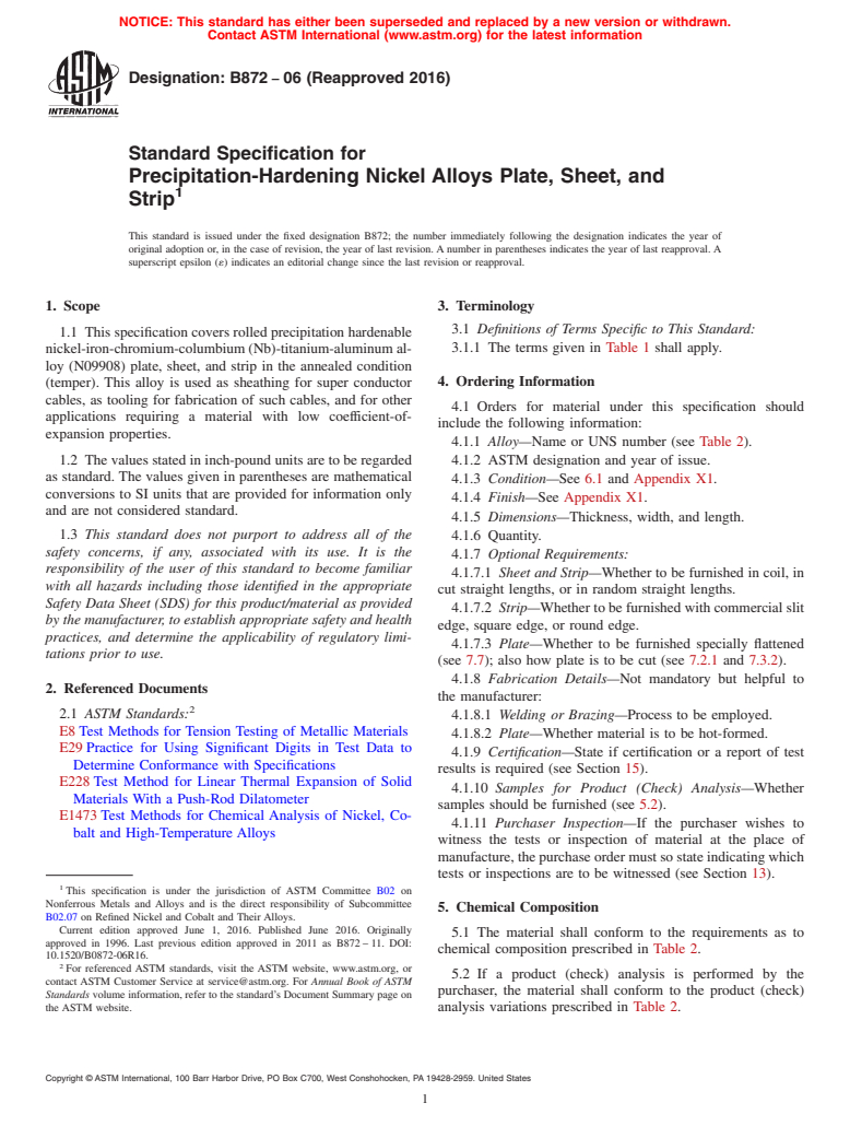 ASTM B872-06(2016) - Standard Specification for Precipitation-Hardening Nickel Alloys Plate, Sheet, and Strip