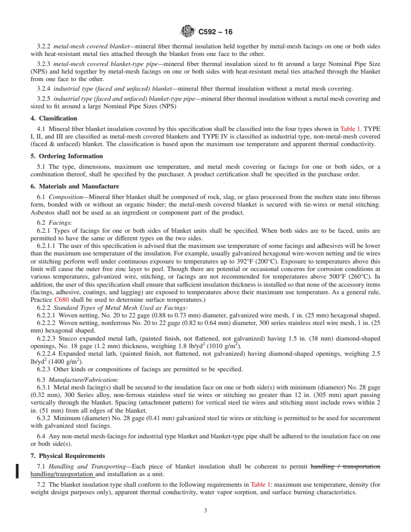 REDLINE ASTM C592-16 - Standard Specification for  Mineral Fiber Blanket Insulation and Blanket-Type Pipe Insulation  (Metal-Mesh Covered) (Industrial Type)