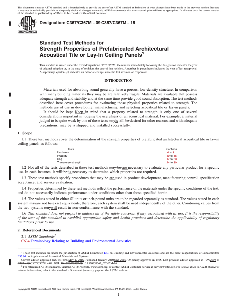 REDLINE ASTM C367/C367M-16 - Standard Test Methods for Strength Properties of Prefabricated Architectural Acoustical  Tile or Lay-In Ceiling Panels