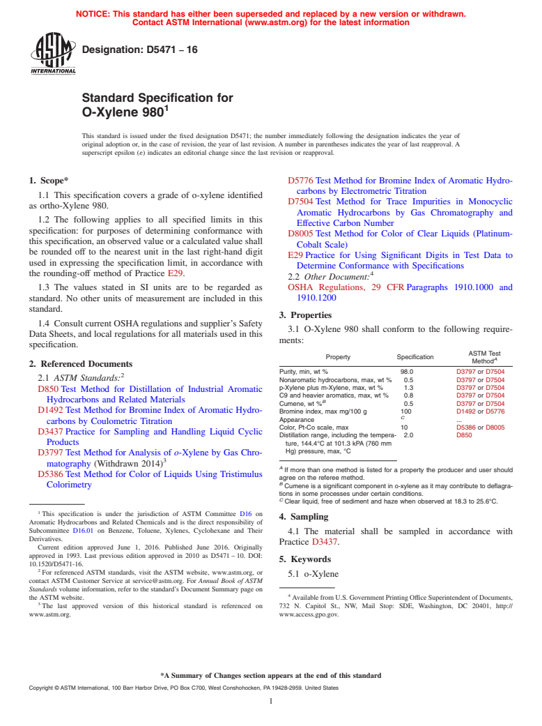 ASTM D5471-16 - Standard Specification for O-Xylene 980