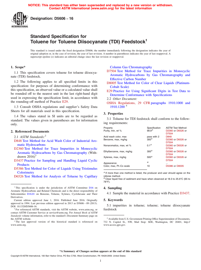 ASTM D5606-16 - Standard Specification for  Toluene for Toluene Diisocyanate (TDI) Feedstock