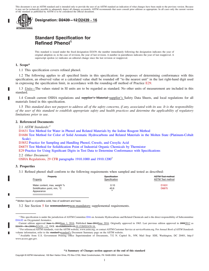 REDLINE ASTM D2439-16 - Standard Specification for Refined Phenol