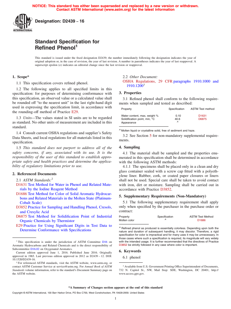 ASTM D2439-16 - Standard Specification for Refined Phenol