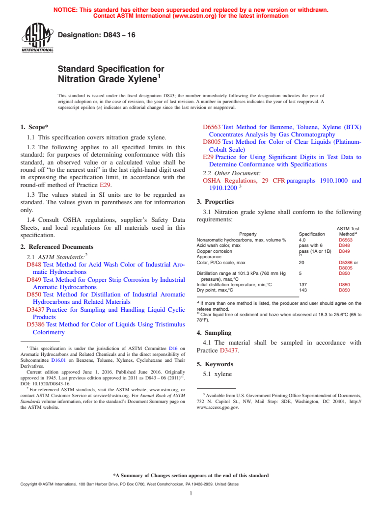 ASTM D843-16 - Standard Specification for Nitration Grade Xylene