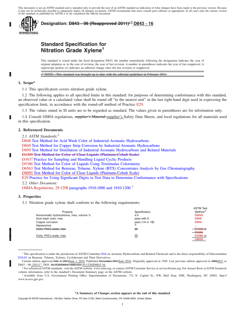 REDLINE ASTM D843-16 - Standard Specification for Nitration Grade Xylene