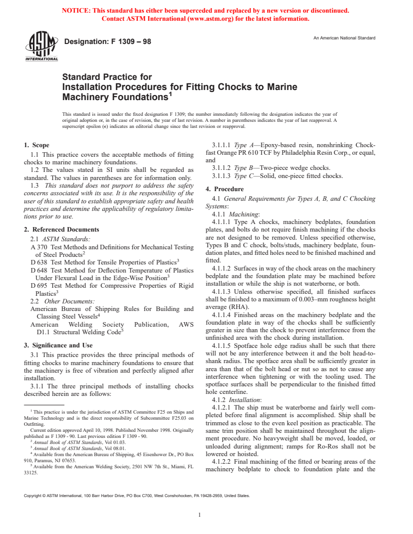 ASTM F1309-98 - Standard Practice for Installation Procedures for Fitting Chocks to Marine Machinery Foundations